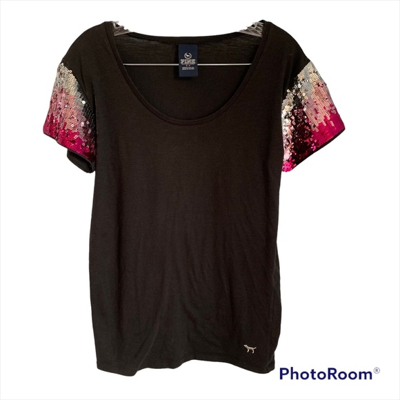 Victoria Secret Pink size small petite black with sequin bling tee. - Picture 1 of 6
